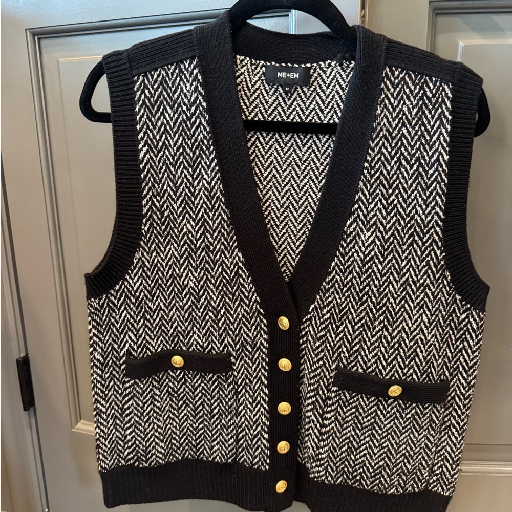 ME+EM Black and White Knit Vest with Gold Buttons